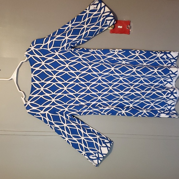 Crown & Ivy Midi Dress with 3/4 Sleeves Colors: Blue Dress with White/ Black Geo - Picture 5 of 6